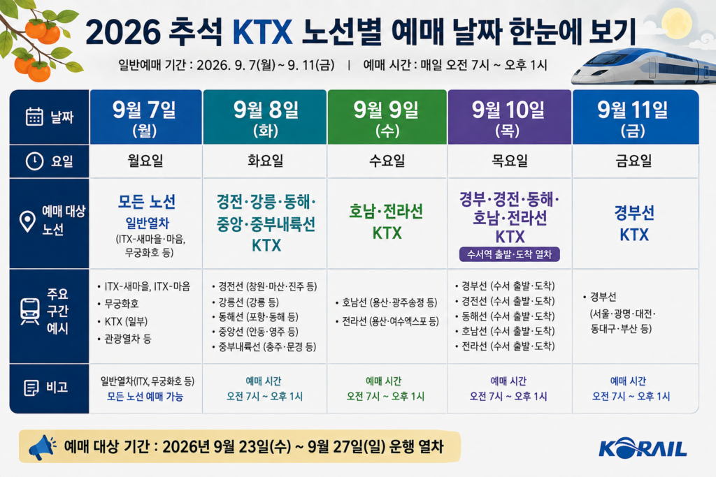 2026 추석 KTX 노선별 기차표 예매 일정
