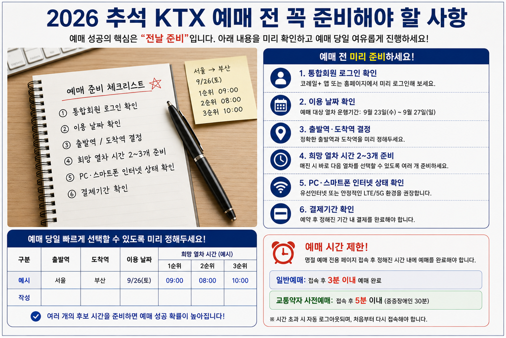 2026 추석 KTX 예매 전 날짜 노선 시간 준비방법