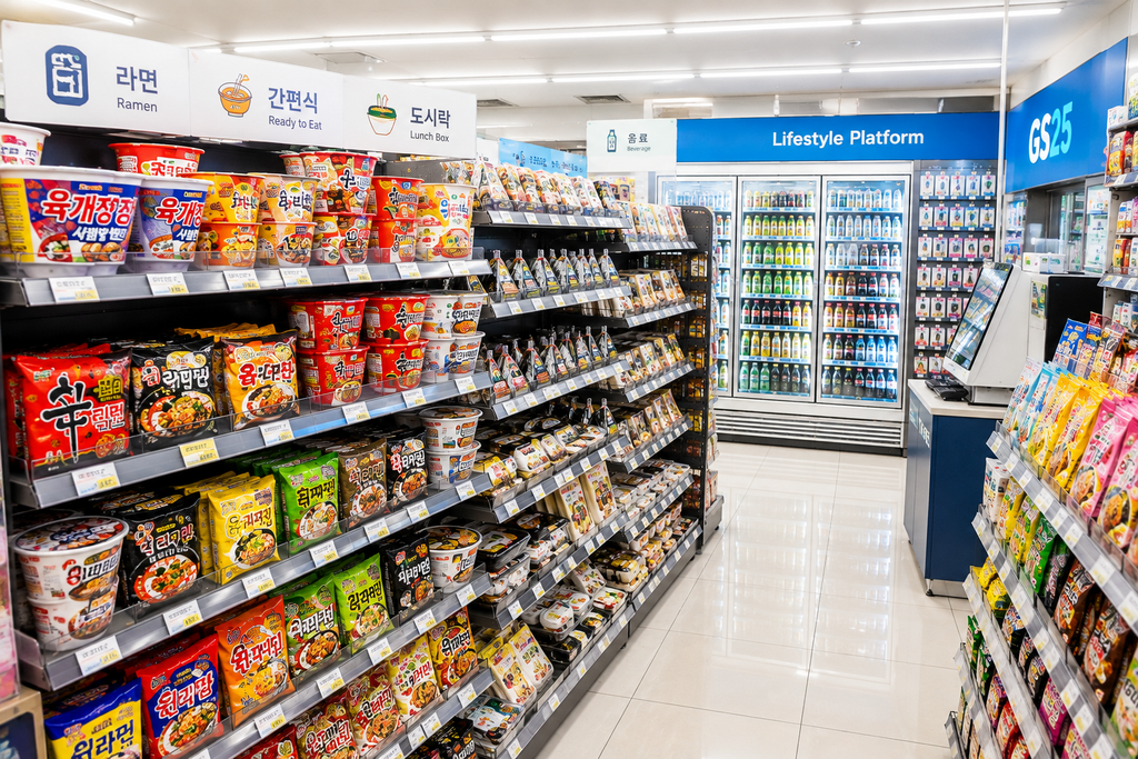 Inside a Korean convenience store with ready-to-eat food, ramen and drinks