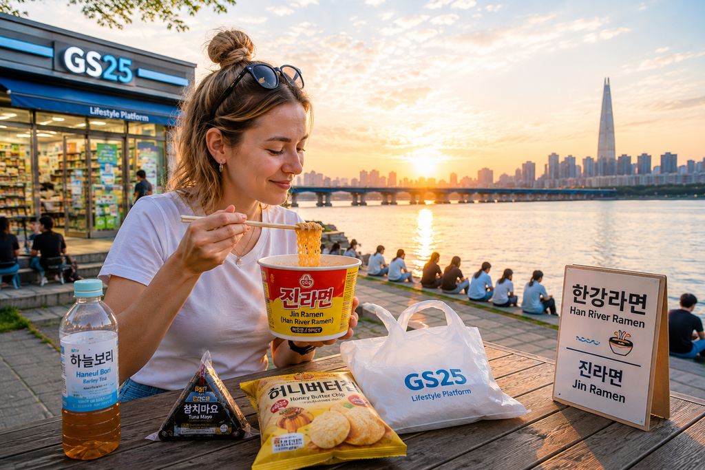 Traveler enjoying Han River ramen at sunset in Seoul